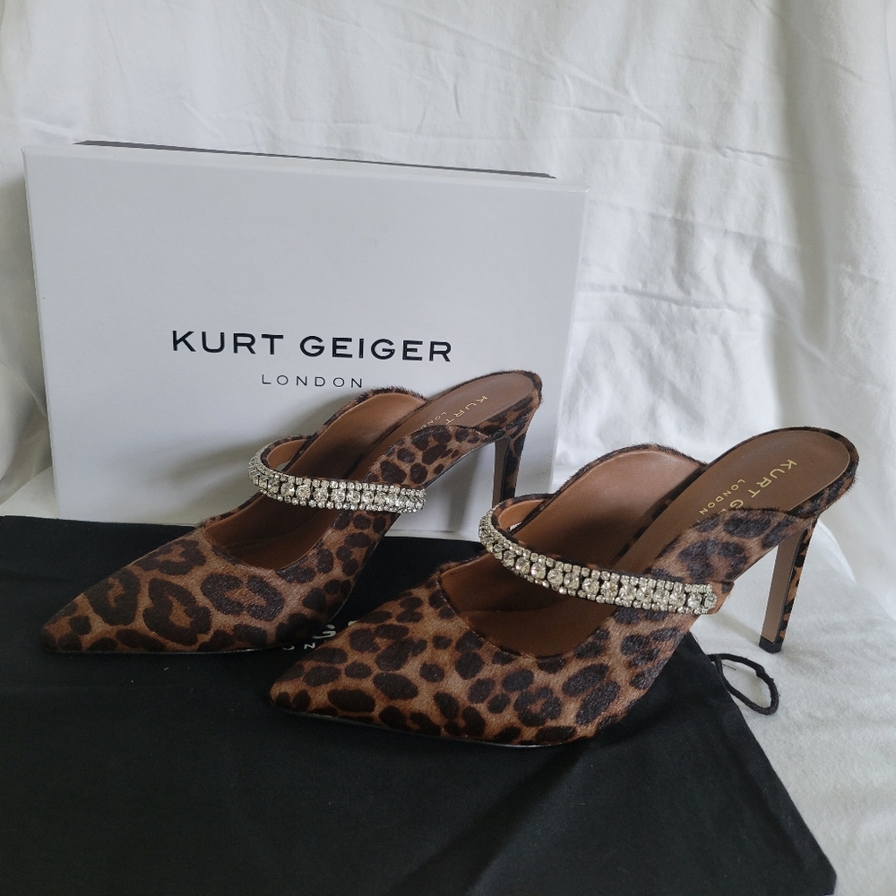 Kurt Geiger Duke Leopard Crystal Mules Heels Size 9 New in Box